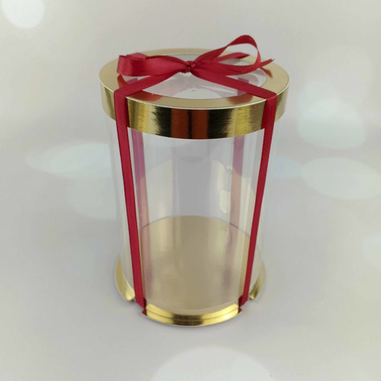 Runde transparente Box D120, h170 Gold mit transparentem Deckel