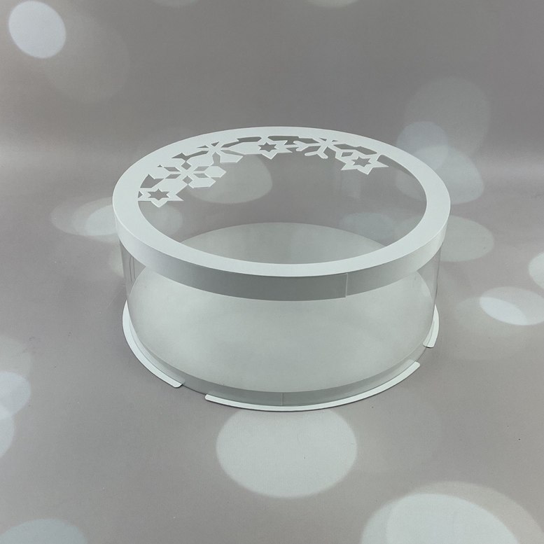 Okrągłe przezroczyste pudełko d250, h60 białe, śnieżynka